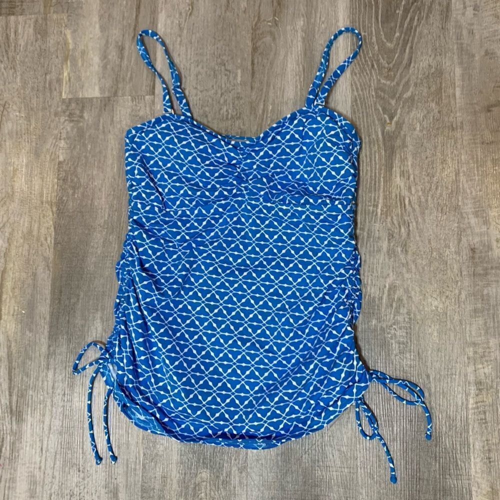 Lands end tankini blue white swim top w/Sinch tie sides & removable straps - Picture 2 of 6